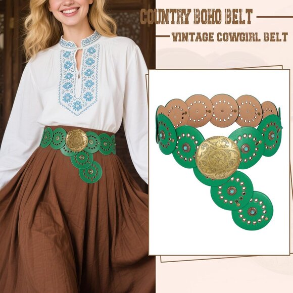 Woman's Western PU Leather Belts Concho Disc Wide Waist Belt Green Bronze Buckle - Picture 5 of 6
